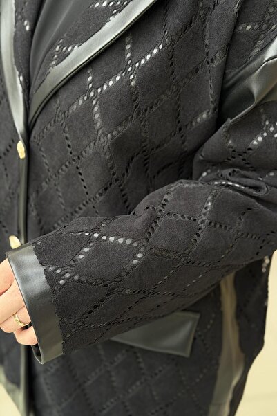 Ghisa Double-Breasted Collar Baklava Pattern Leather Combination Jacket