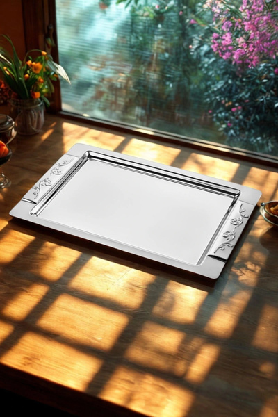Ahinur Mutfak Steel Tea Tray Stainless Shiny Metal Tea Serving Tray