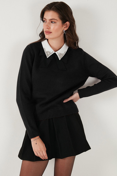 Lela Premium Regular Fit Shirt Collar Soft Textured Bow Detailed Stone Pullover Sweater 680Kz0003