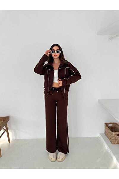 MİHRİZAR Oversized V Piped Detail Zippered Wide Leg Women's Three Thread Tracksuit Set