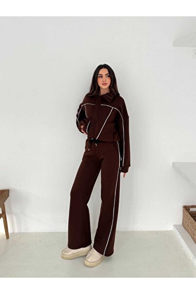 MİHRİZAR Oversized V Piped Detail Zippered Wide Leg Women's Three Thread Tracksuit Set