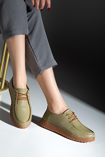 ALPELLİByAlp Women's Khaki Green Genuine Leather Soft Design Orthopedic Lightweight Oxford Casual Shoes