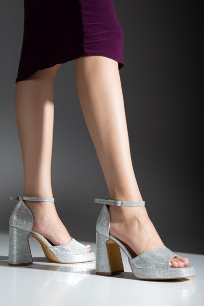 ALPELLİByAlp Women's Silver Glitter Comfortable Platform Heeled Evening Dress Shoes