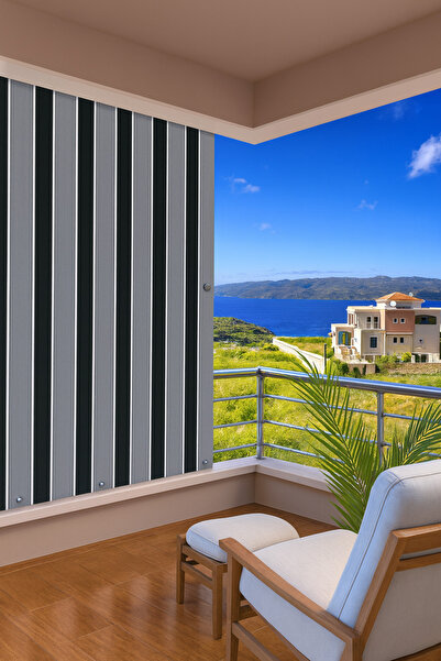 MRC Tekstil Siyah Gri Çizgili Su Geçirmez Kornişli Bağcıklı Balkon Perdesi Branda enxboy