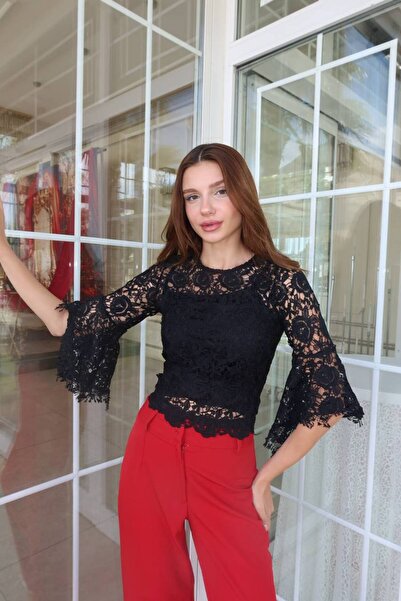 aytenli Round Neck Half Spanish Sleeve Lace-Up Back Zipper Suspender Innercrop Guipure Blouse Two-Piece Crispset