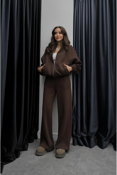 Havoş Brown Fleece-Lined bomber tracksuit set