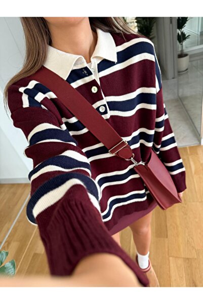 Narstorm Women's Polo Neck Burgundy-Cream Striped Sweater