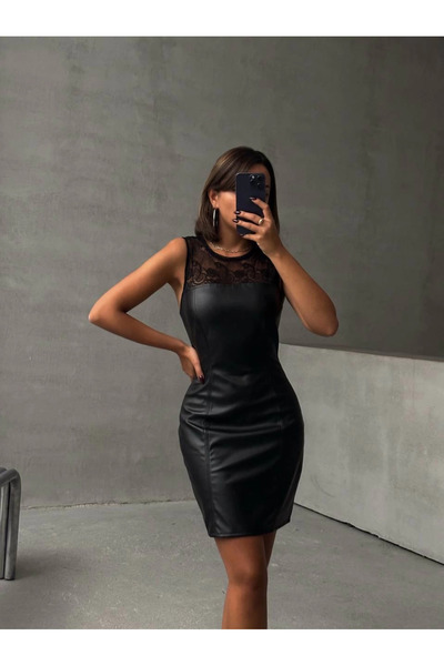 ZENGEZUR MALL Drnds Strapless Leather Dress with Lace on the Top Black W24421 (04636) (Size: S)