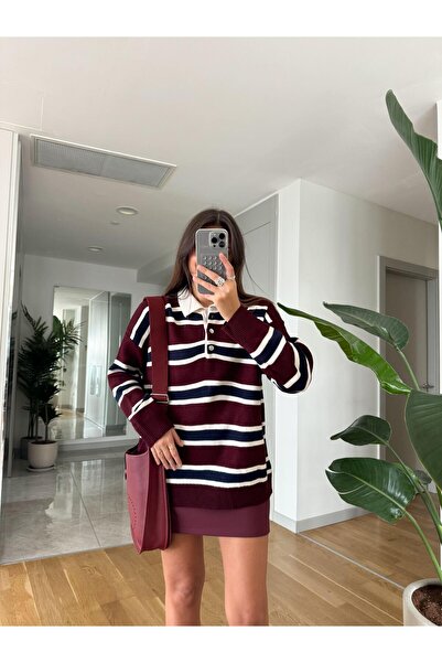 Narstorm Women's Polo Neck Burgundy-Cream Striped Sweater