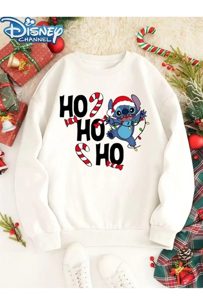 PALPİTO Women's White Christmas Stitch Printed Crew Neck Oversized Sweatshirt