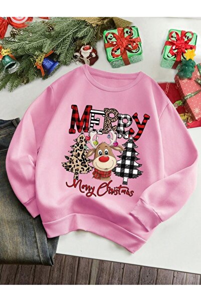 PALPİTO Femeie Roz Geyik Crăciun cu imprimeu guler rotund supradimensionat Sw...
