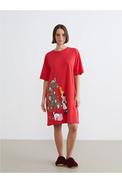LC Waikiki Lcw Young Red Crew Neck Christmas Themed Women's Nightgown