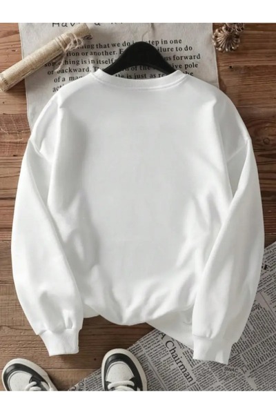 PALPİTO Women's White Christmas Stitch Printed Crew Neck Oversized Sweatshirt