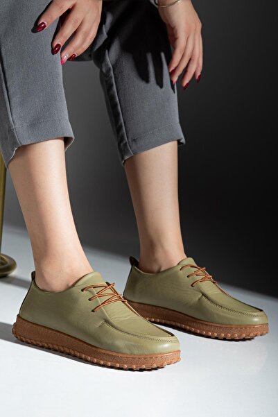 ALPELLİByAlp Women's Khaki Green Genuine Leather Soft Design Orthopedic Lightweight Oxford Casual Shoes