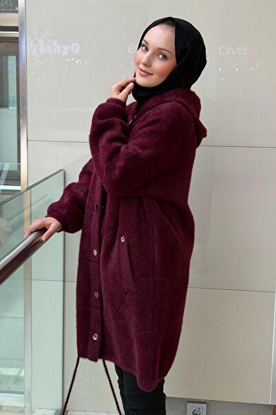 Ghisa Zigzag Patterned Angora Coat with Hooded Snaps