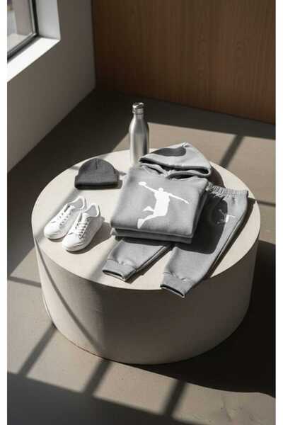 MİNİK MODA EVİ Boy's Gray Color Hooded Bottom and Top Tracksuit Set