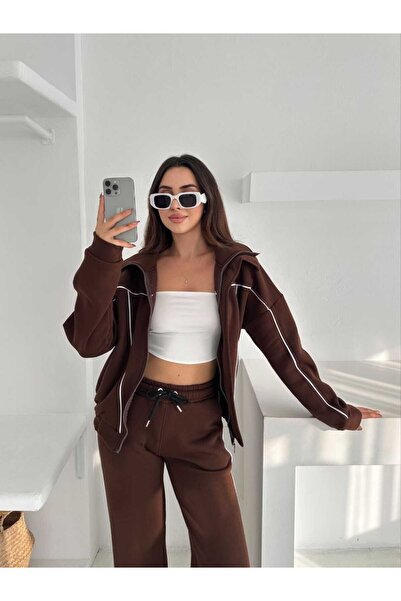 MİHRİZAR Oversized V Piped Detail Zippered Wide Leg Women's Three Thread Tracksuit Set