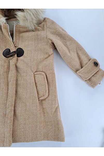 Butik Girl's Cashmere Coat with Lining Premium Quality Hooded Buttons Detail (Detachable Hood)