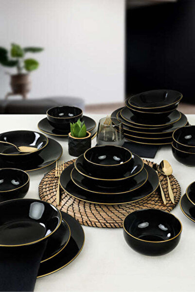 Asi Home Ty Black 24-Piece Ceramic Dinnerware Set, Black/Gold