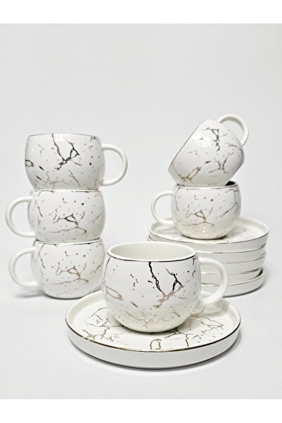 Casalina White ceramic coffee cup set with marble pattern, 12 pieces