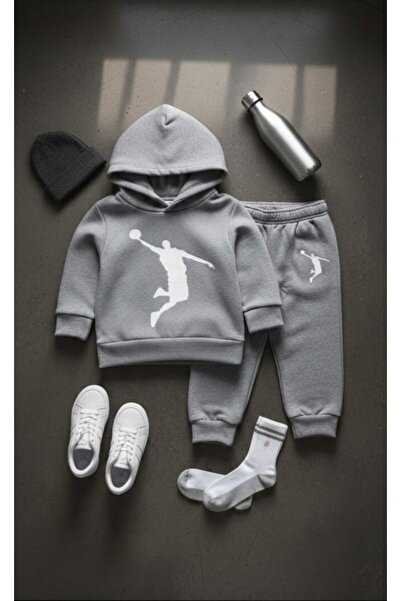 MİNİK MODA EVİ Boy's Gray Color Hooded Bottom and Top Tracksuit Set
