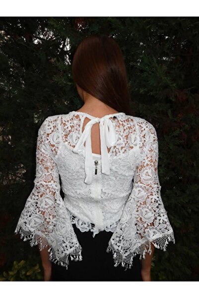 aytenli Round Neck Half Spanish Sleeve Lace-Up Back Zipper Suspender Innercrop Guipure Blouse Two-Piece Crispset