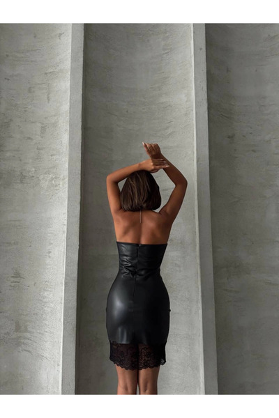 ZENGEZUR MALL Drnds Six Lace Strapless Leather Dress Black W240419 (04639) (Size: S)