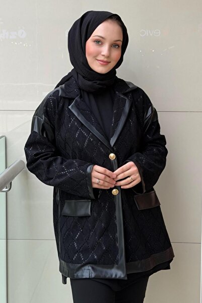 Ghisa Double-Breasted Collar Baklava Pattern Leather Combination Jacket