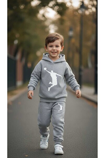 MİNİK MODA EVİ Boy's Gray Color Hooded Bottom and Top Tracksuit Set