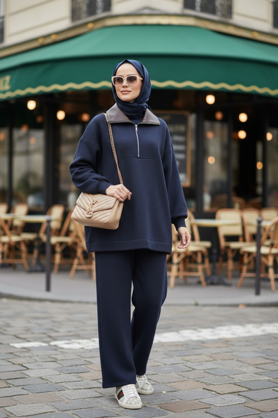 Aselim Hijap Moda Oslo Comfort Set – Thessaloniki Fabric Double Hijab Set Navy Blue