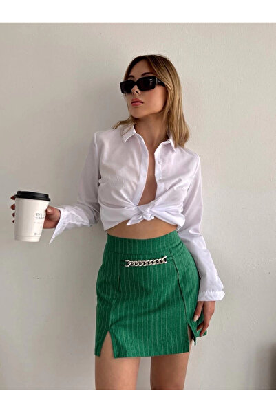 ZENGEZUR MALL Drnds Chain Detailed Striped Shorts Skirt Green (05848) (Size: S)