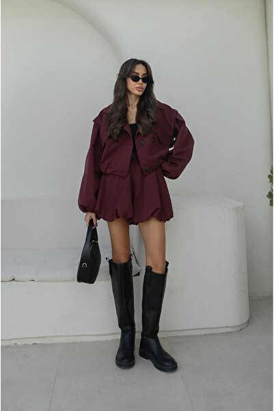 Havoş Burgundy Balloon Shorts Trench Coat Set