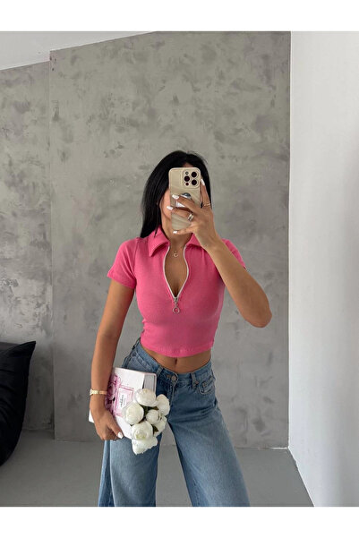 ZENGEZUR MALL Drnds Ribbed Knit Collared Zippered Blouse Fuchsia (04732) (Size: S)