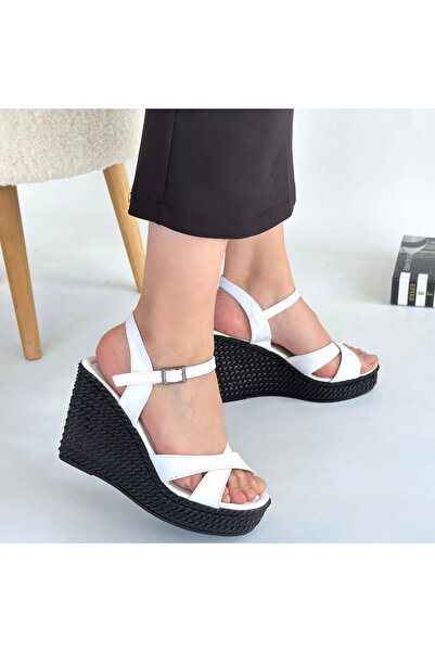 ZENGEZUR MALL Drnds Minna White Leather Wedge Heel Sandals (04858) (Size: 38)