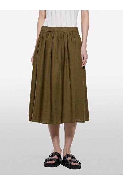 Sisley 100% Linen Elastic Waist Pleated Lightweight Flared Knee-Length Skirt Women's Green Skirt - 325P4Aghl002T