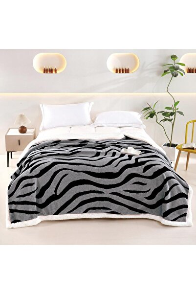 Lenjeria Familiei Tale Light gray zebra pattern fur blanket 200x230 cm Soft and Warm