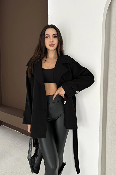 Meine Liebe Unterwäsche Buttoned short cashmere coat with waist tie