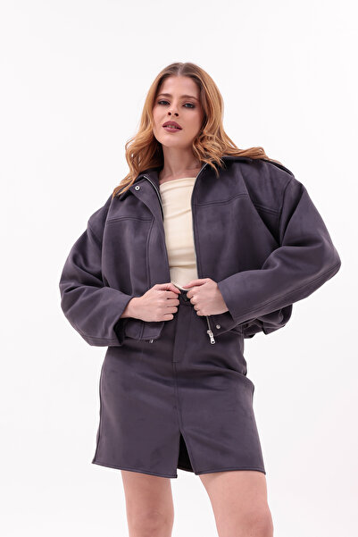 Eseclass Women's Suede Oversized Jacket & Mini Skirt Set – Anthracite Stylish Two-Piece Set