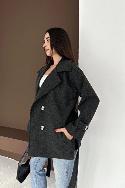EFFEN Buttoned short cashmere coat with waist tie