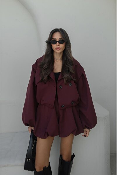 Havoş Burgundy Balloon Shorts Trench Coat Set