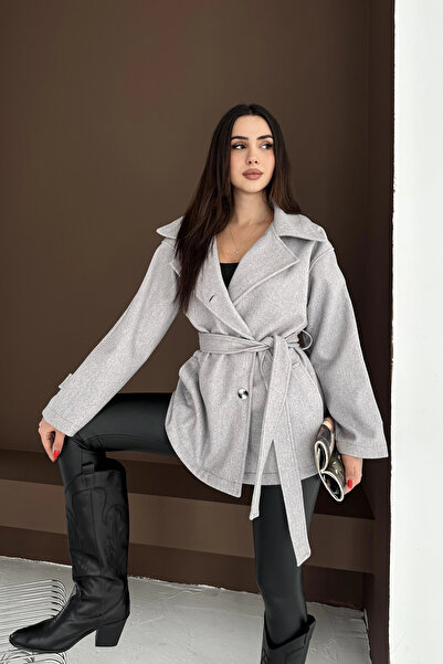 EFFEN Buttoned short cashmere coat with waist tie