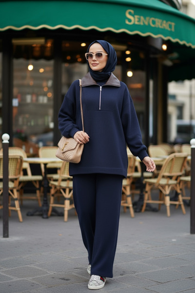 Aselim Hijap Moda Oslo Comfort Set – Thessaloniki Fabric Double Hijab Set Navy Blue