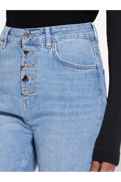 Sisley 100% Cotton Button Detail High Waist Straight Leg Denim Pants Women's Ice Blue Denim Trousers - 325P4I