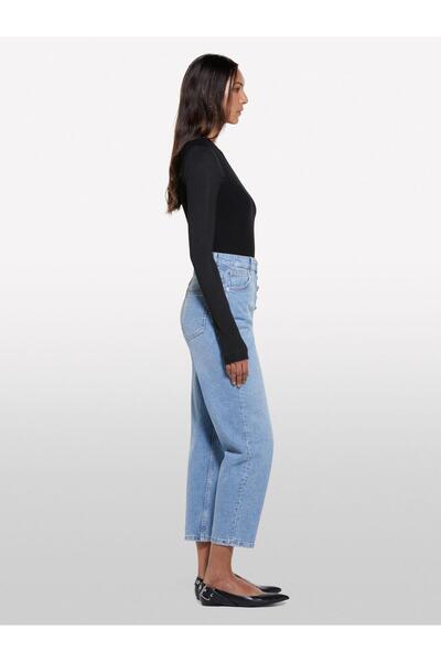 Sisley 100% Cotton Button Detail High Waist Straight Leg Denim Pants Women's Ice Blue Denim Trousers - 325P4I