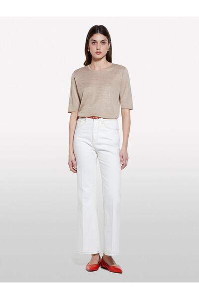 Sisley Cotton Blend High Waist Flared Denim Pants Women's Cream Denim Pants - 325P4Mcple043