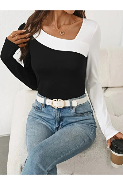 JARDİN ALLURE Women's Long Sleeve Geometric Collar Detailed Double Color Viscose Blouse