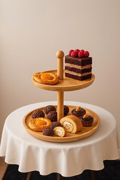 BUENOS Top Ayaklı 2 Katlı Bambu Sunumluk Kurabiyelik