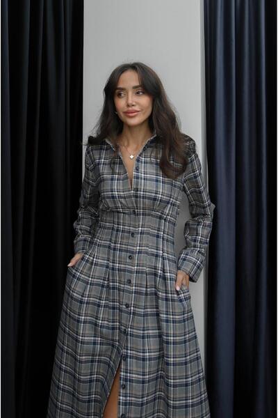Havoş Navy Blue Plaid Shirt Dress