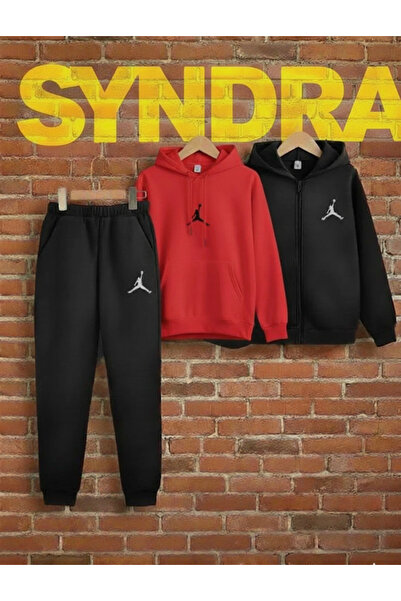 Syndra طقم رياضي شتوي مكون من 3 قطع (سترة بسحاب، هودي أحمر - بنطلون رياضي)