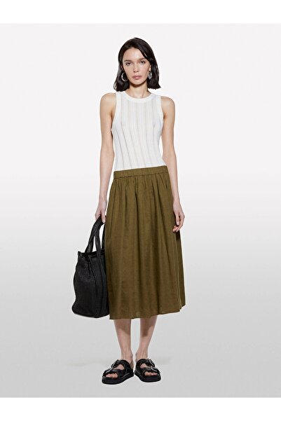 Sisley 100% Linen Elastic Waist Pleated Lightweight Flared Knee-Length Skirt Women's Green Skirt - 325P4Aghl002T